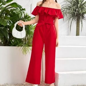 SHEIN Teen Girls Off Shoulder Ruffle Detail Belted red Jumpsuit size 10-11 year